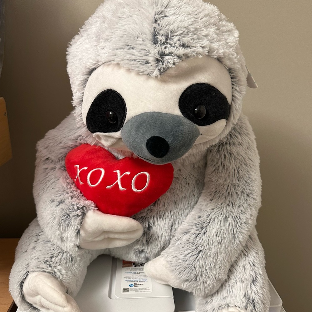 NWT Grey Sloth with Red Heart Accent Decor Cute Plush Toy Stuffed Animal Gift